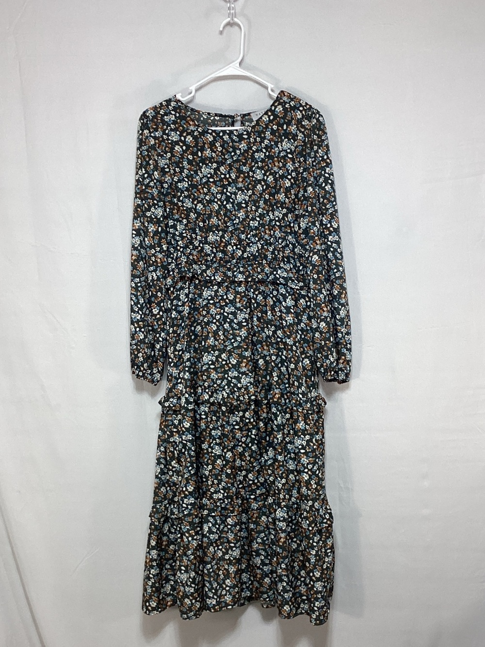 Hayden Large Green Floral Long Sleeve Tiered Midi Dress